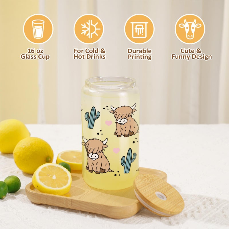 LEADO كوب قهوة لطيف من LEADO Highland Cow سعة 16 أونصة مع أغطية وقش - هدايا بقرة المرتفعات للنساء والفتيات والأم - هدايا عيد ميلاد الأم لمحبي القهوة ورعاة البقر والأشياء اللطيفة - Image 3